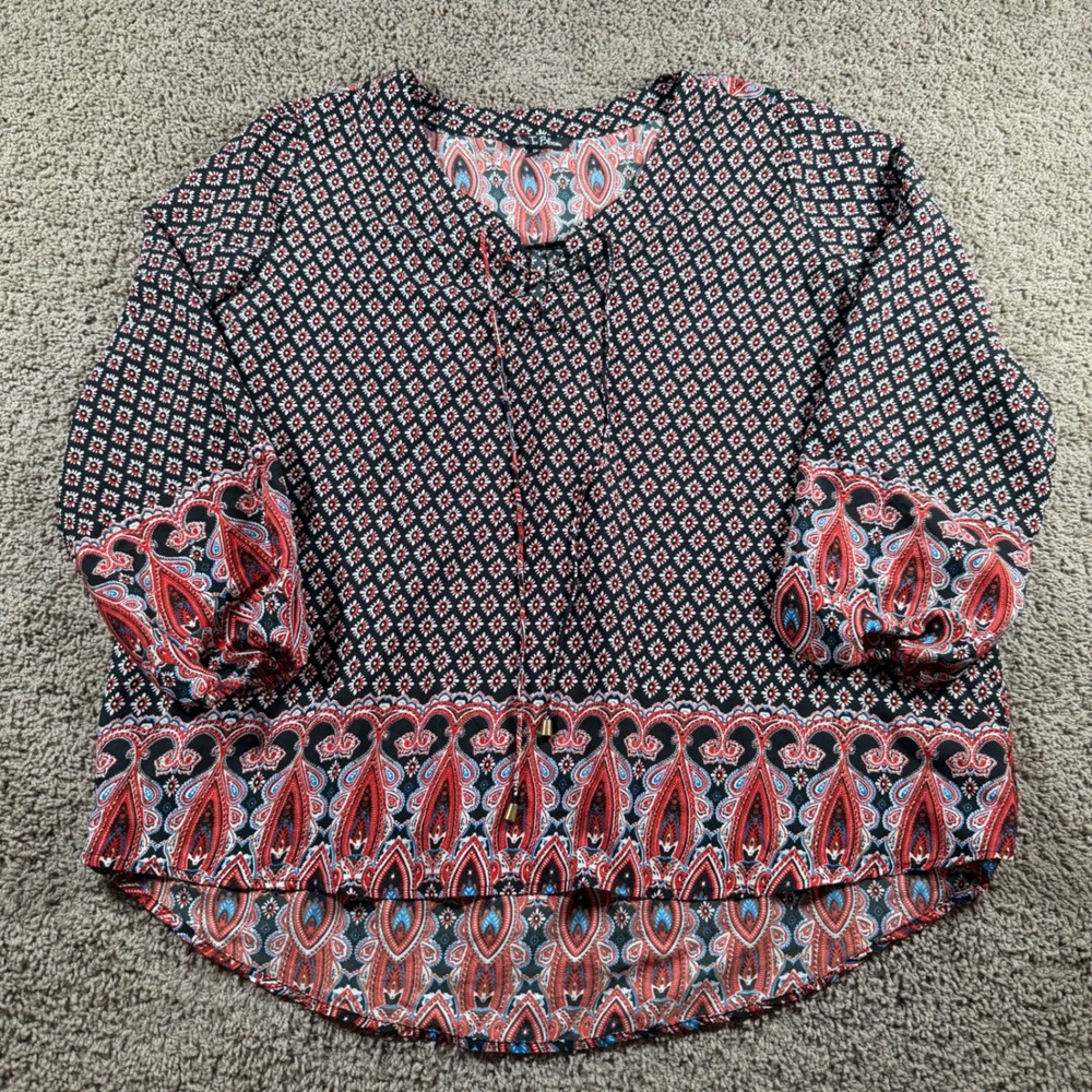Time To Bloom Boho Paisley 3X Lace Up V-Neck Balloon Sleeve Blouse Black hippie - Picture 5 of 11